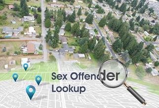 Sex Offender Lookup vector art image showing a magnifying glass highlighting a city neighborhood